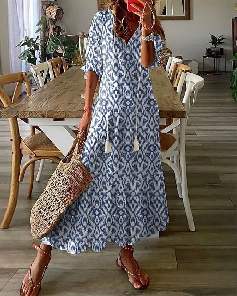 Arianne - Boho Vintage V-Neck Printed Dress