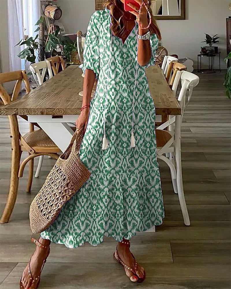 Arianne - Boho Vintage V-Neck Printed Dress