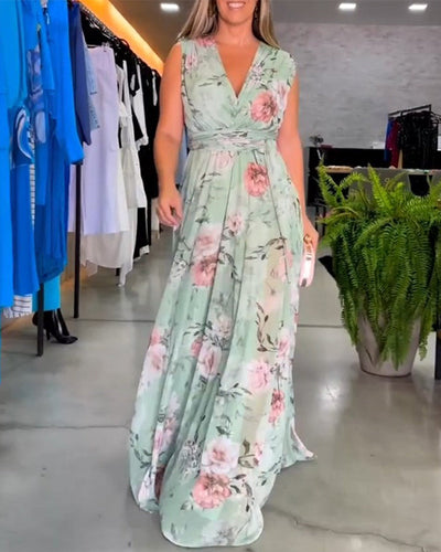 Yvette - Sleeveless Floral Split Hem Long Dress