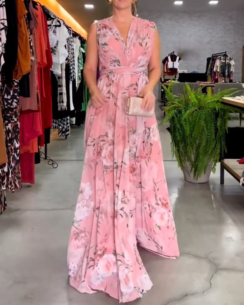Yvette - Sleeveless Floral Split Hem Long Dress