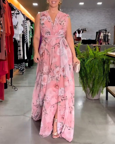 Yvette - Sleeveless Floral Split Hem Long Dress
