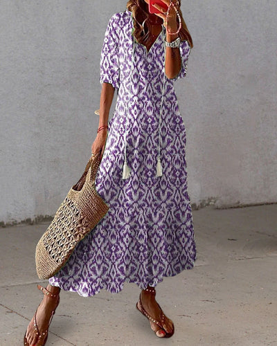 Arianne - Boho Vintage V-Neck Printed Dress