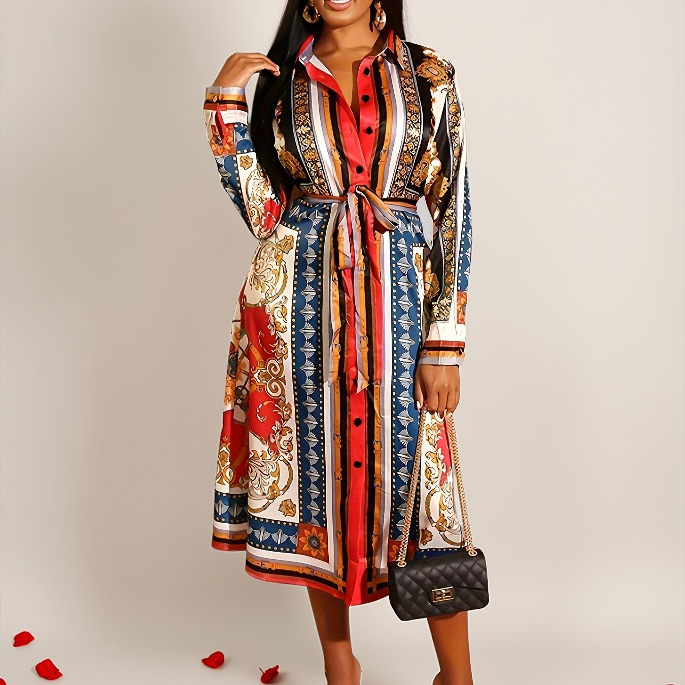 Michelle - Mid-Calf Long Sleeve Shirt Dress