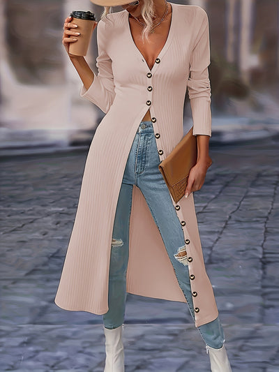 Women's Long Cardigan - Button Front V-Neck - Fitted Knit - Knee Length Layering Piece