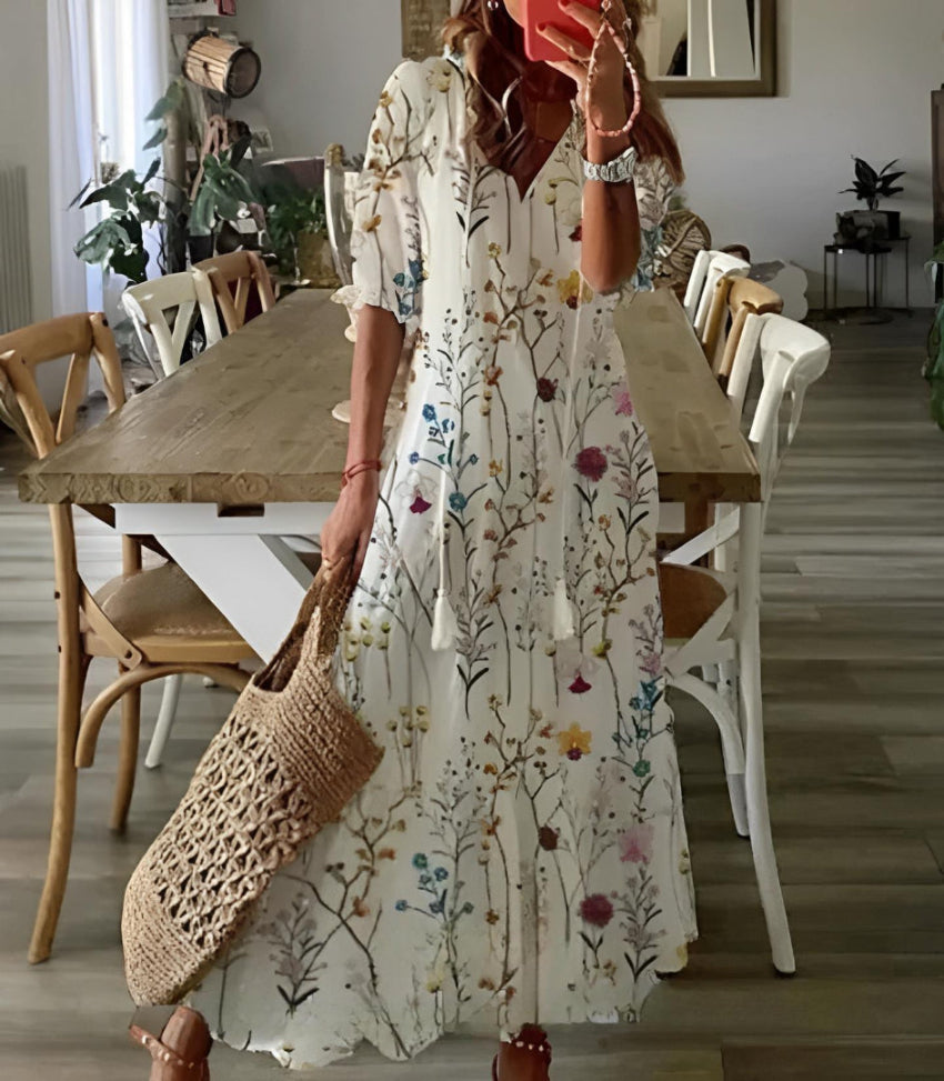 Arianne - Boho Vintage V-Neck Printed Dress