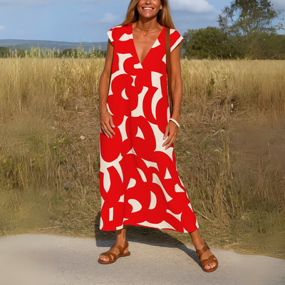 Zahra - Flowing V-Neck Geometric Print Dress
