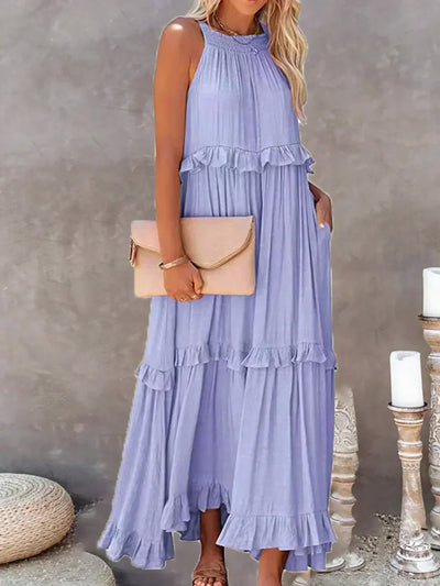 Avery - Elegant Halter Neck Ruffle Trim Dress