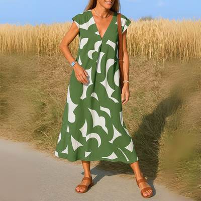 Zahra - Flowing V-Neck Geometric Print Dress