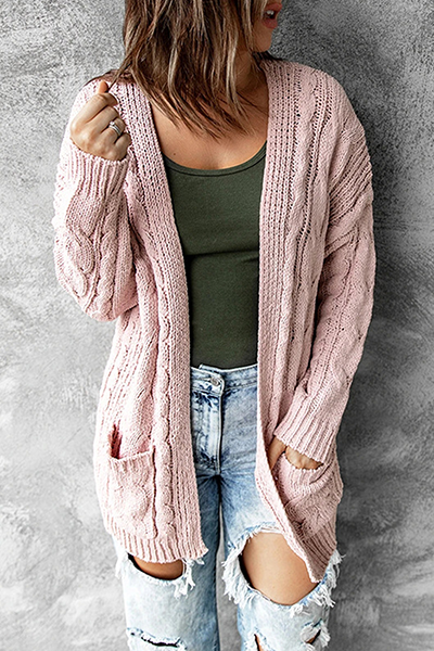 Women's Cardigan - Longline Open Front - Cable Knit with Pockets