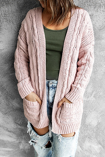 Women's Cardigan - Longline Open Front - Cable Knit with Pockets