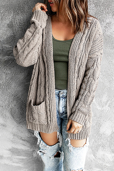Women's Cardigan - Longline Open Front - Cable Knit with Pockets