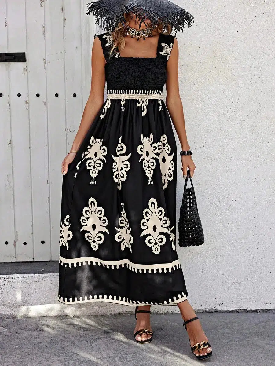 McKenna - Chic Square Neck Sleeveless Printed Beach Dress