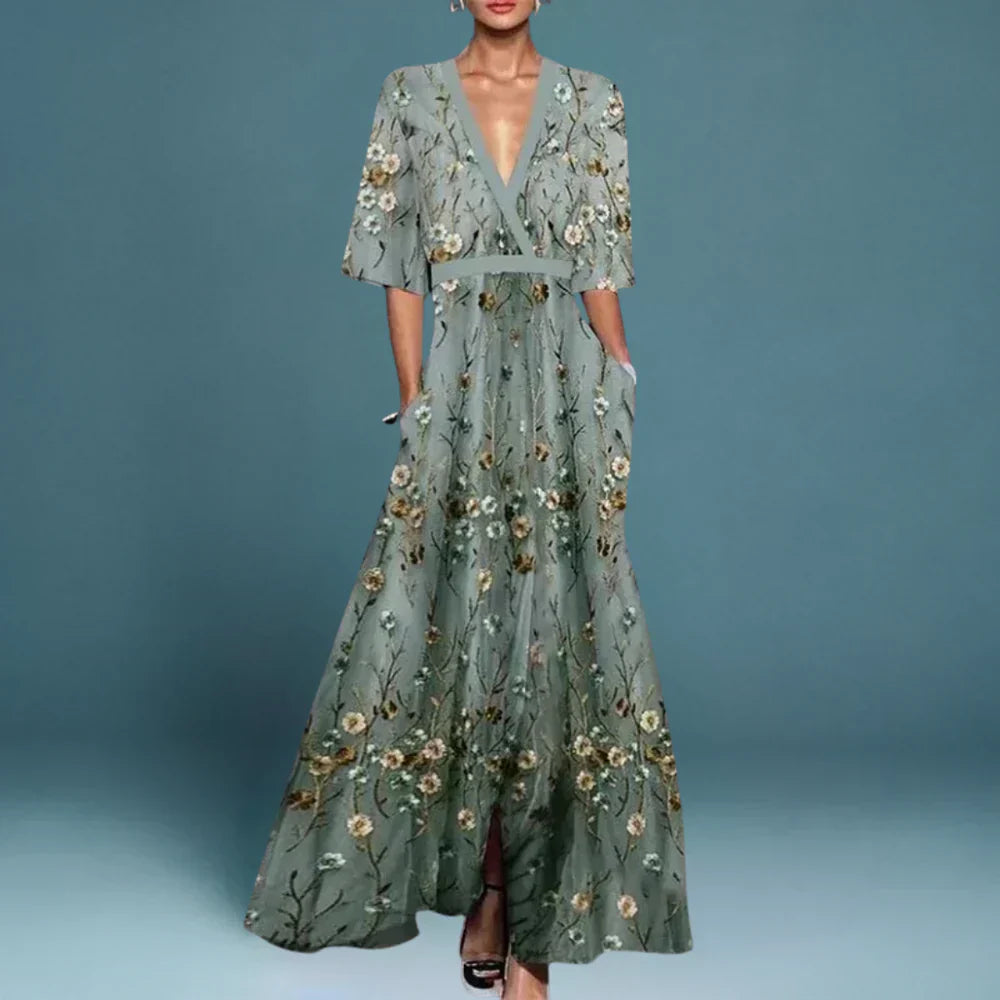 Annie - Belted V-Neck Floral Maxi Dress