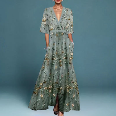 Annie - Belted V-Neck Floral Maxi Dress