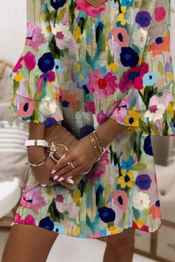 Celeste - Romantic Floral Print V-Neck Mini Dress