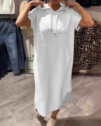 Edith - Casual Letter Print Hooded Pullover Dress