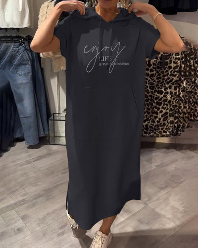Edith - Casual Letter Print Hooded Pullover Dress