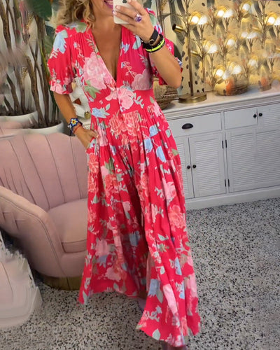 Isla - V-Neck Short Sleeve Floral Maxi Dress