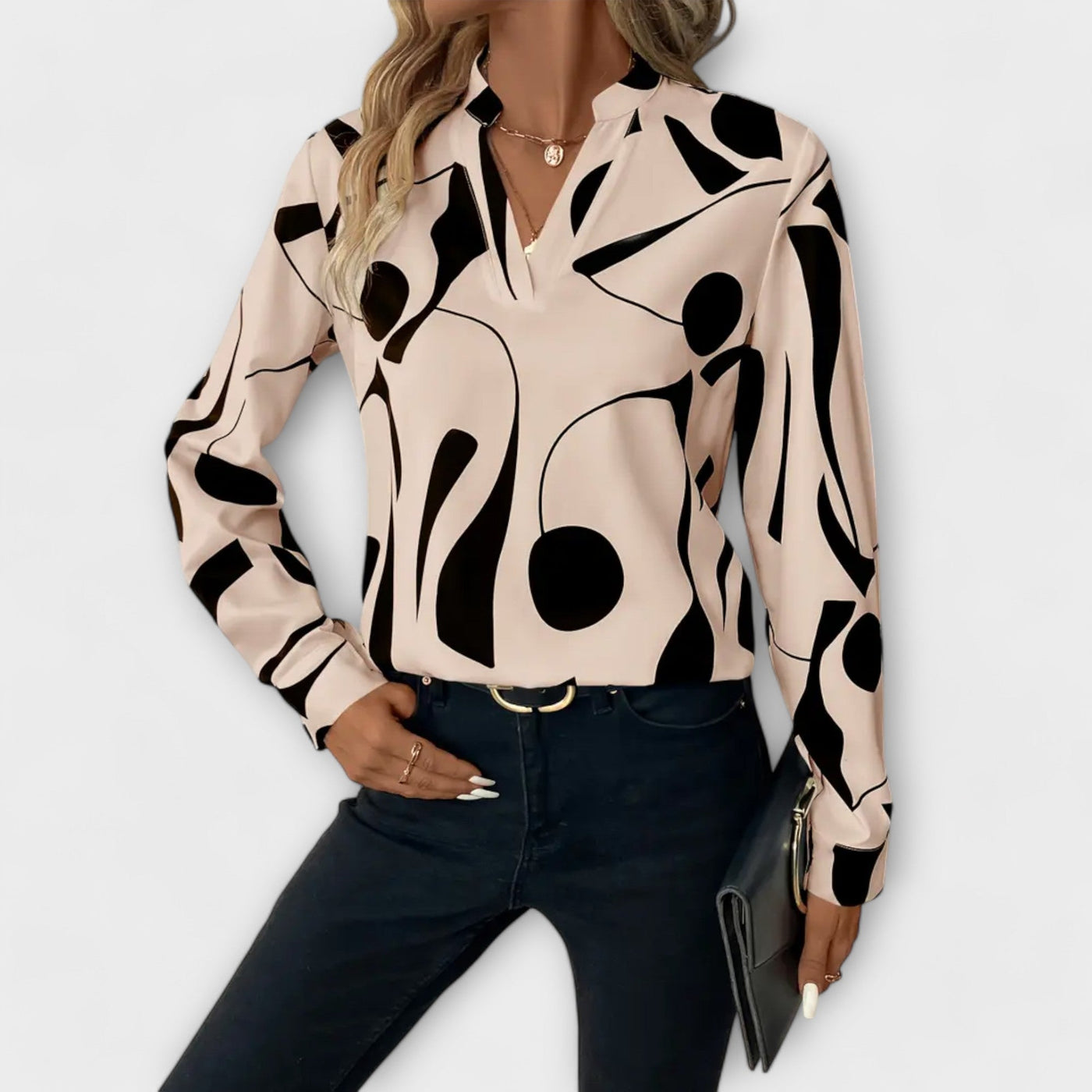 Catarina - Elegant long-sleeved blouse with V-neck and geometric pattern
