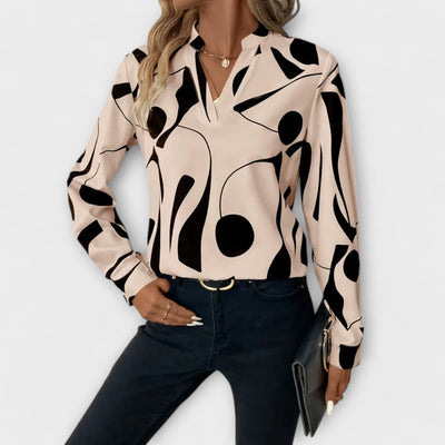Catarina - Elegant long-sleeved blouse with V-neck and geometric pattern