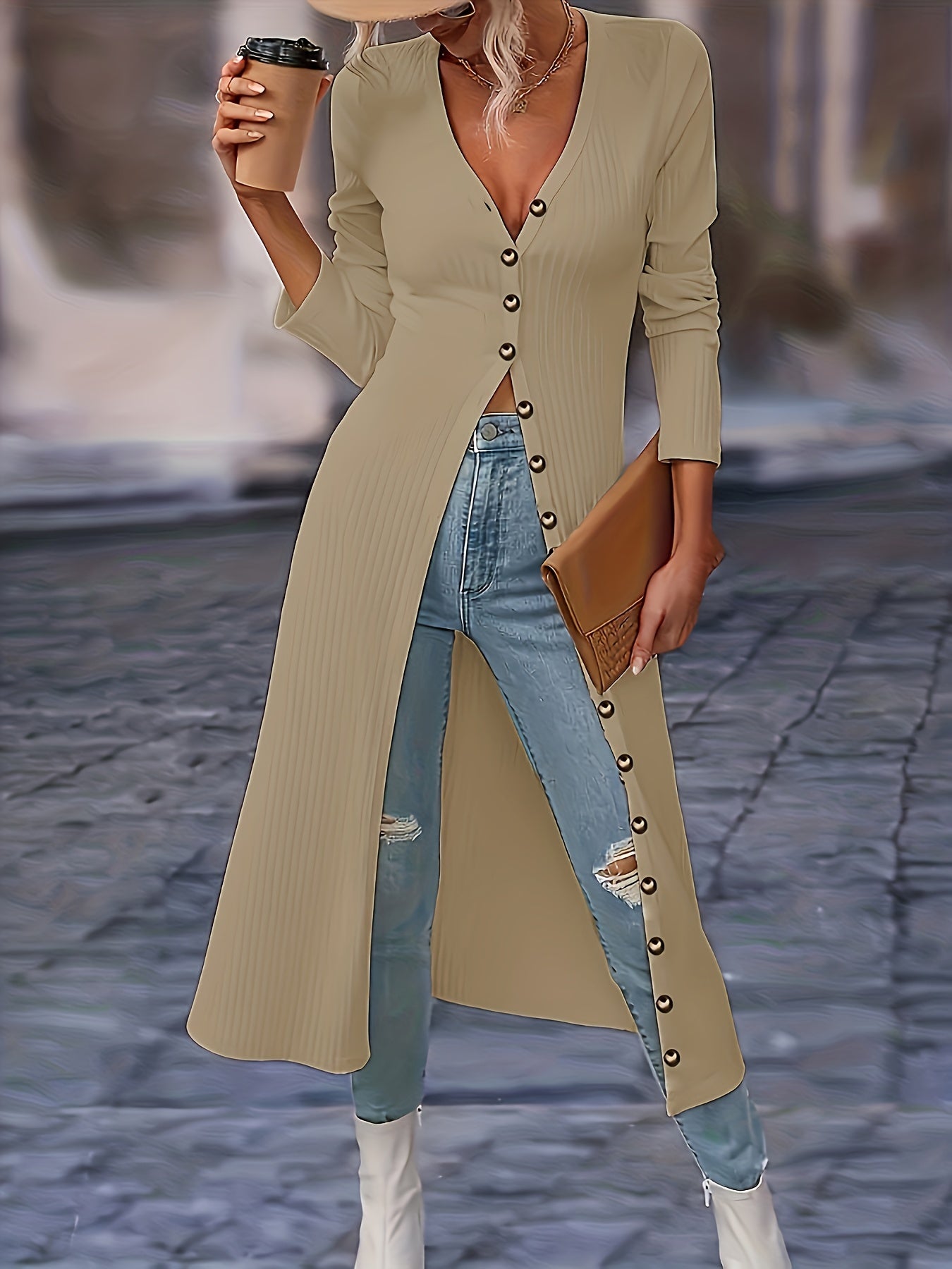 Women's Long Cardigan - Button Front V-Neck - Fitted Knit - Knee Length Layering Piece