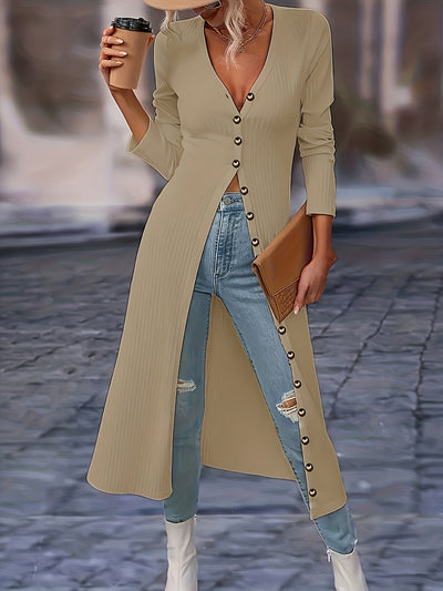 Women's Long Cardigan - Button Front V-Neck - Fitted Knit - Knee Length Layering Piece