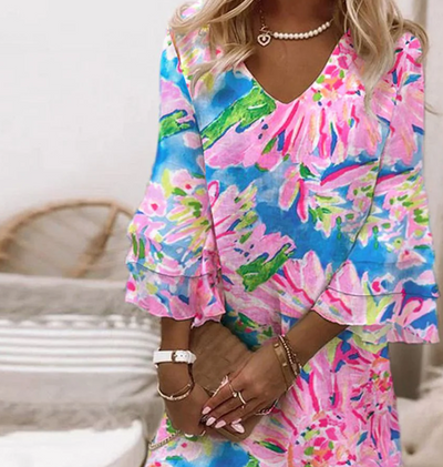 Brynn - Women's Pink Mini Dress with Bell Sleeves