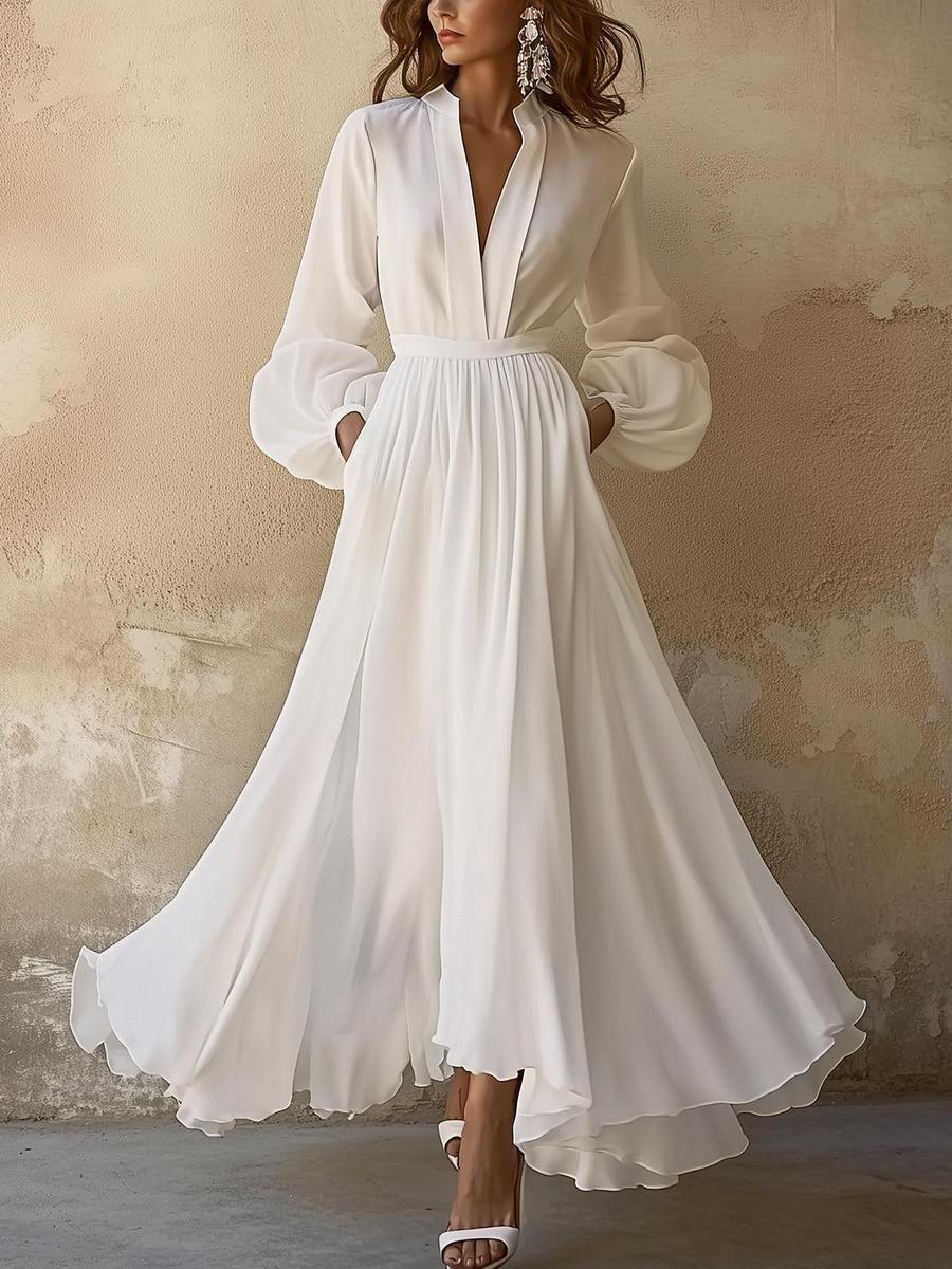 Gianna - Vintage-Inspired White V-Neck Maxi Dress