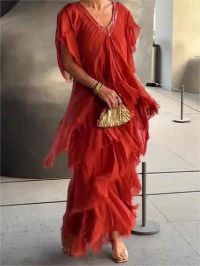 Zinnia - Ruffled Short Sleeves V-Neck Maxi Dress