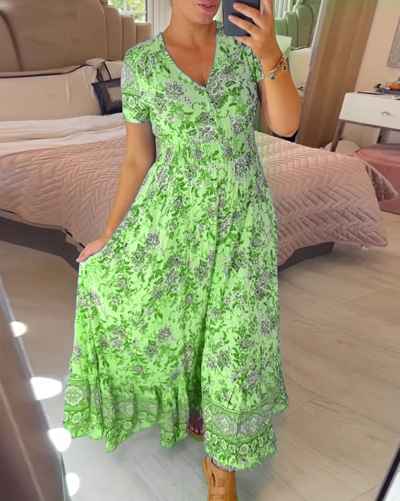 Aspen - Elegant Floral V-Neck Pleated Hem Dress