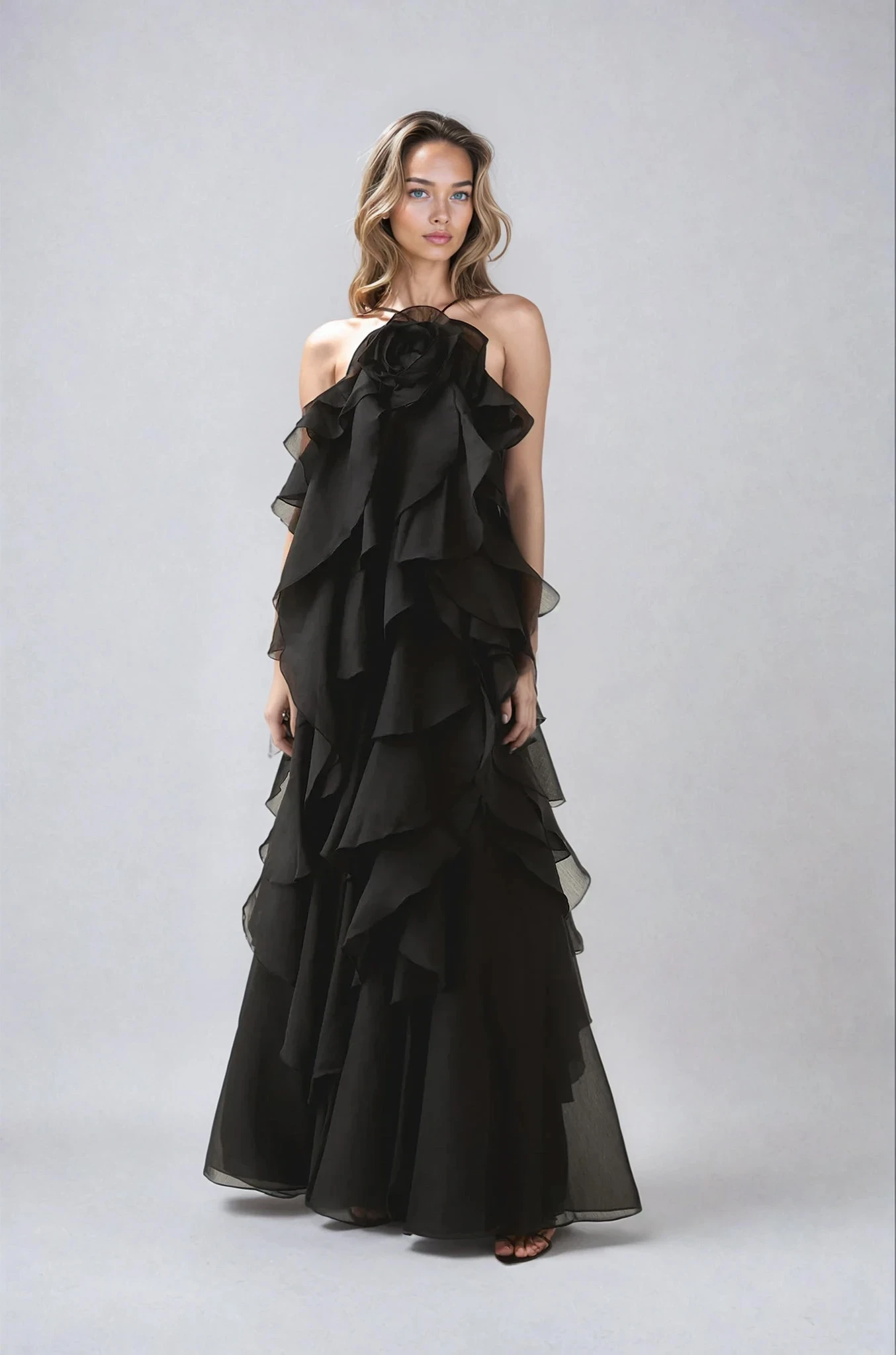 Pearl - Long Halter Ruffle Cocktail Dress