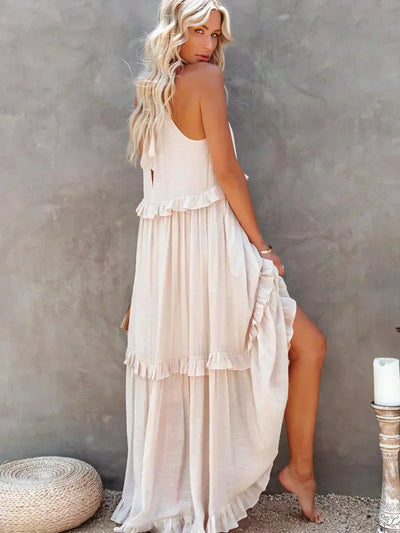 Avery - Elegant Halter Neck Ruffle Trim Dress