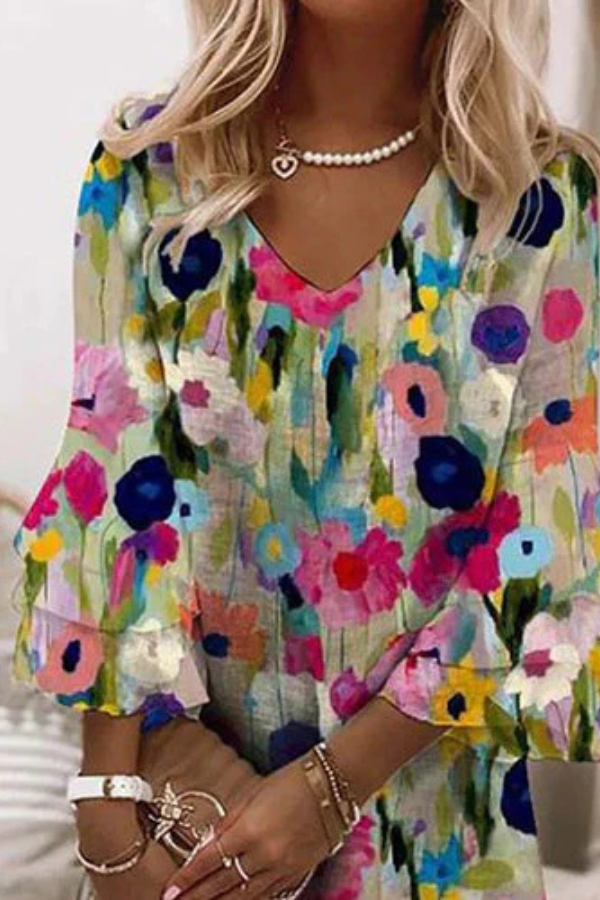 Celeste - Romantic Floral Print V-Neck Mini Dress