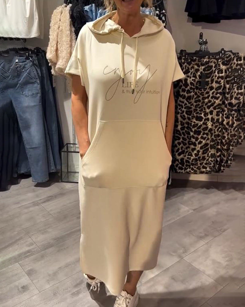 Edith - Casual Letter Print Hooded Pullover Dress