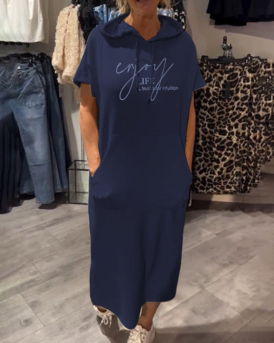Edith - Casual Letter Print Hooded Pullover Dress