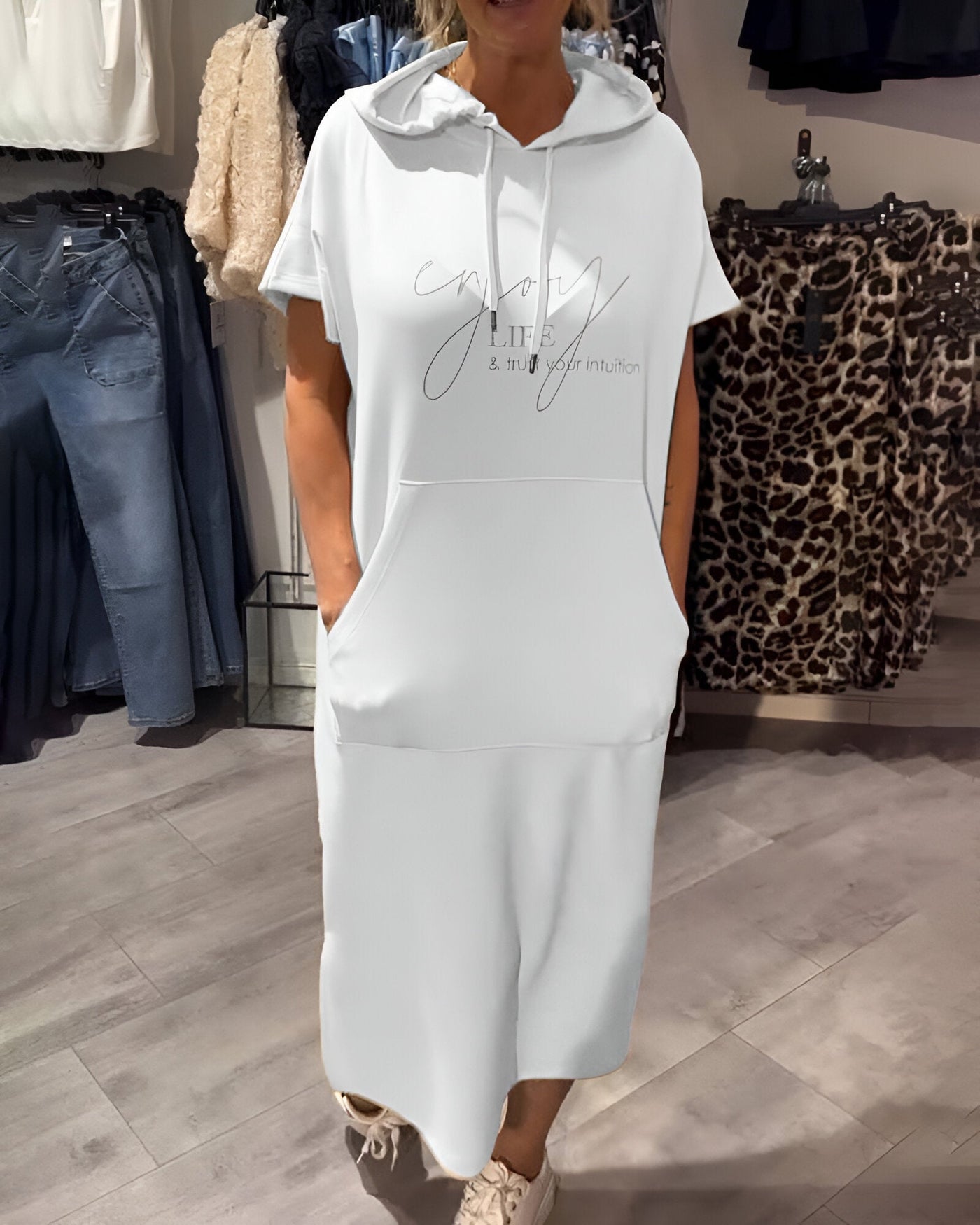 Edith - Casual Letter Print Hooded Pullover Dress