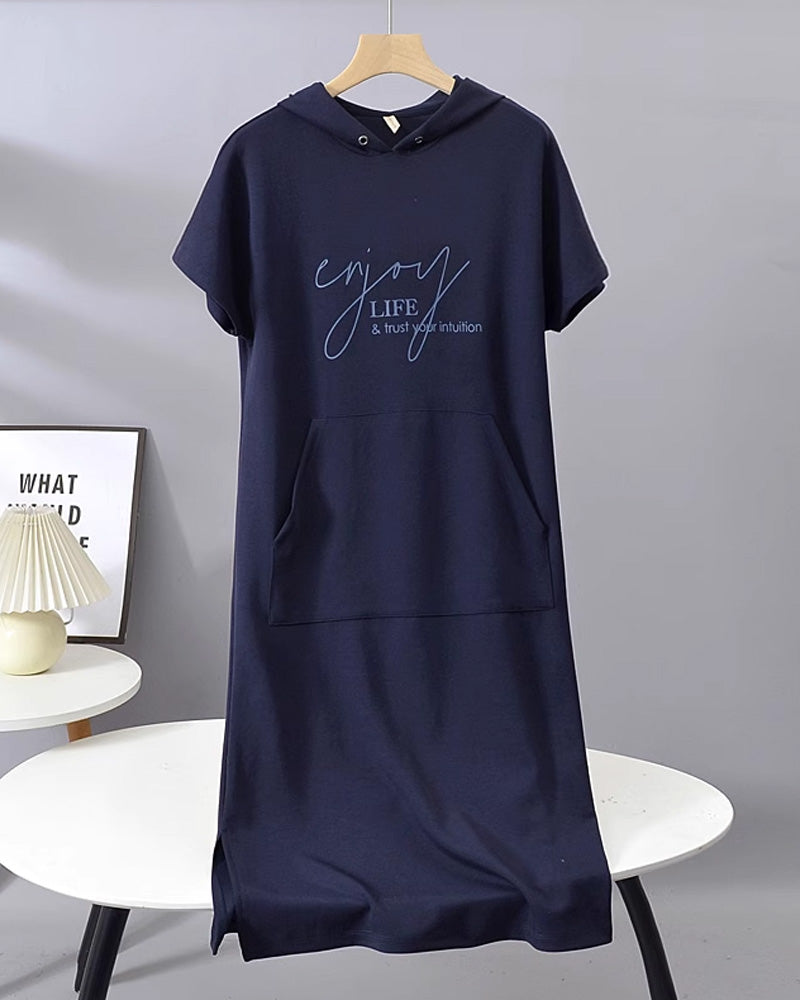 Edith - Casual Letter Print Hooded Pullover Dress