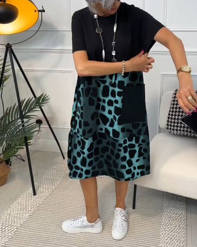 Daphne - Stylish Short Sleeve Leopard Print Midi Dress