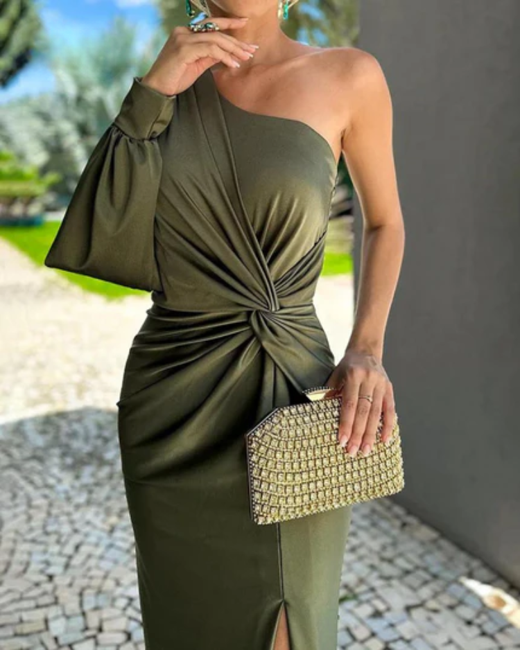 Yasmine - Asymmetrical Ruched Bandage Midi Dress