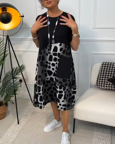 Daphne - Stylish Short Sleeve Leopard Print Midi Dress
