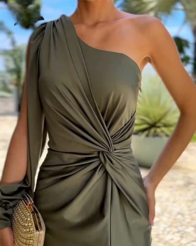 Yasmine - Asymmetrical Ruched Bandage Midi Dress
