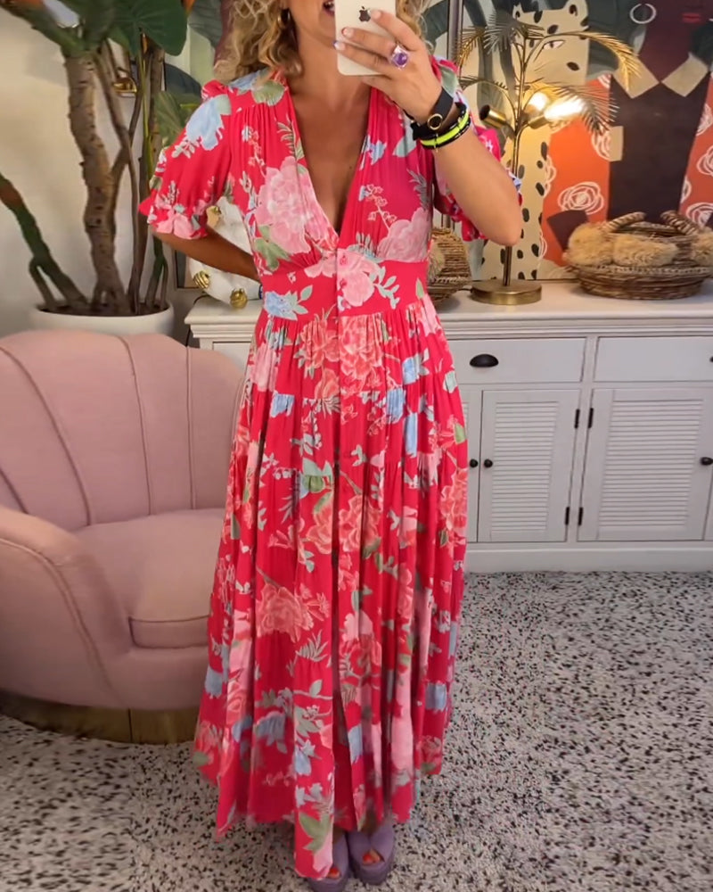 Isla - V-Neck Short Sleeve Floral Maxi Dress