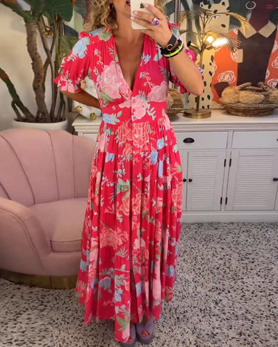 Isla - V-Neck Short Sleeve Floral Maxi Dress