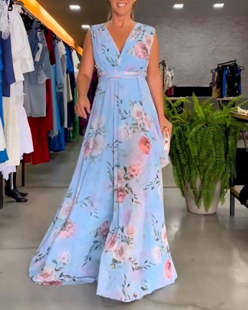 Yvette - Sleeveless Floral Split Hem Long Dress