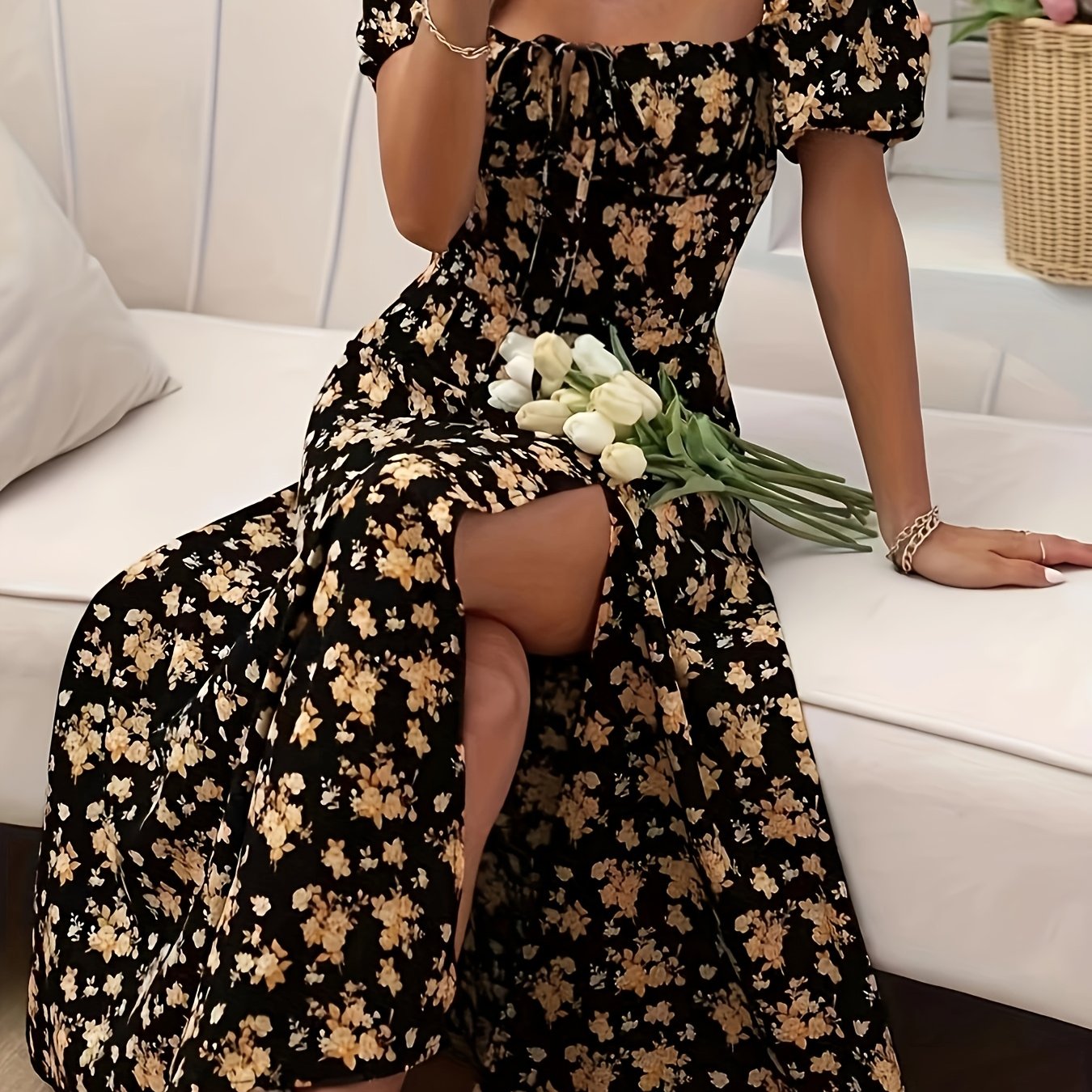 Helena - Artistic Floral Print Puff Sleeve Dress
