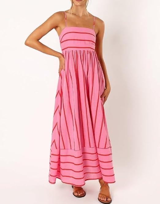 Caroline - Women’s Slash Neck Stripe Slip Maxi Dress