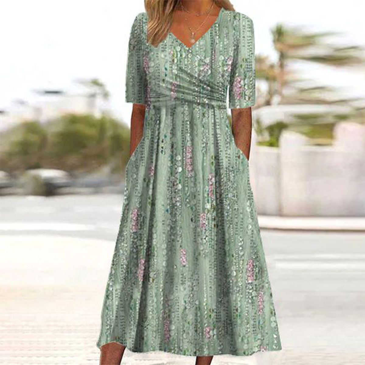 Irene - Floral Print High-Waist A-Line Dress
