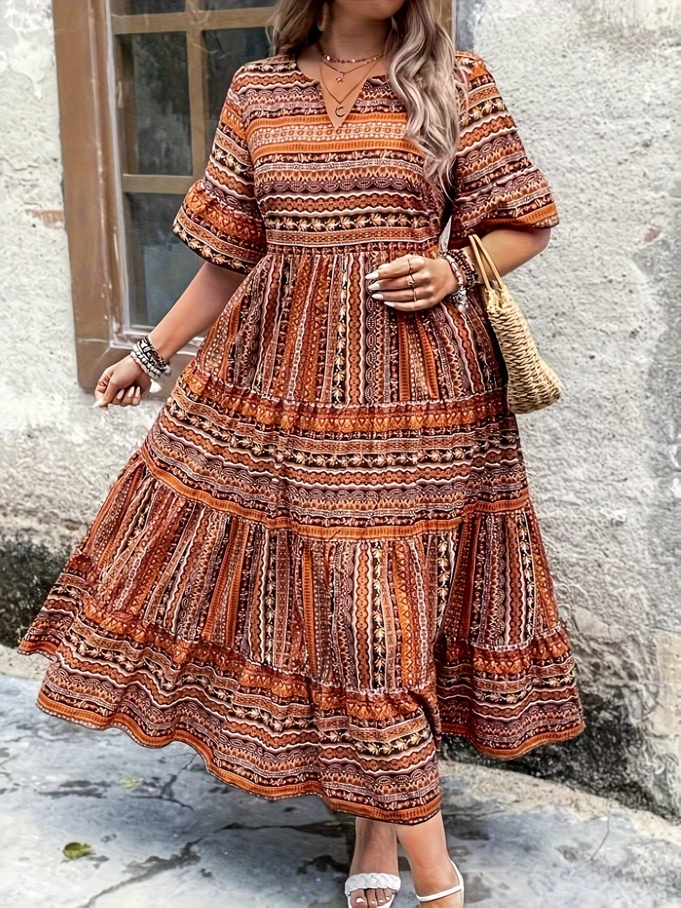 Kate - Elegant Ethnic Print Bohemian Dress