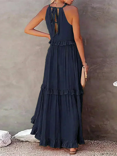 Avery - Elegant Halter Neck Ruffle Trim Dress