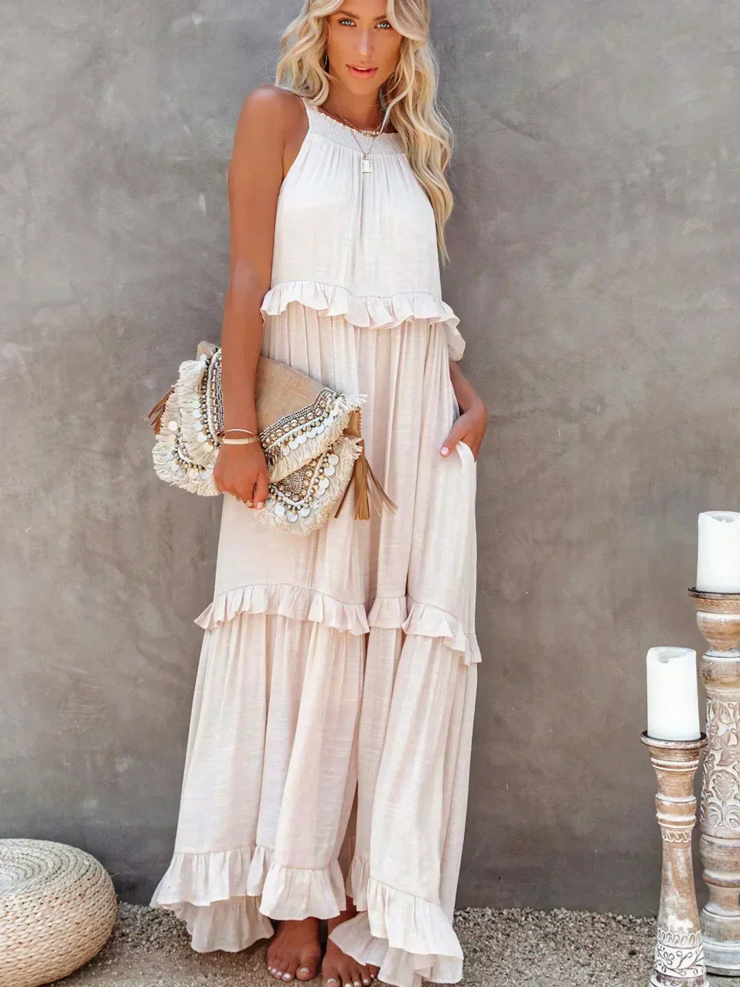 Avery - Elegant Halter Neck Ruffle Trim Dress